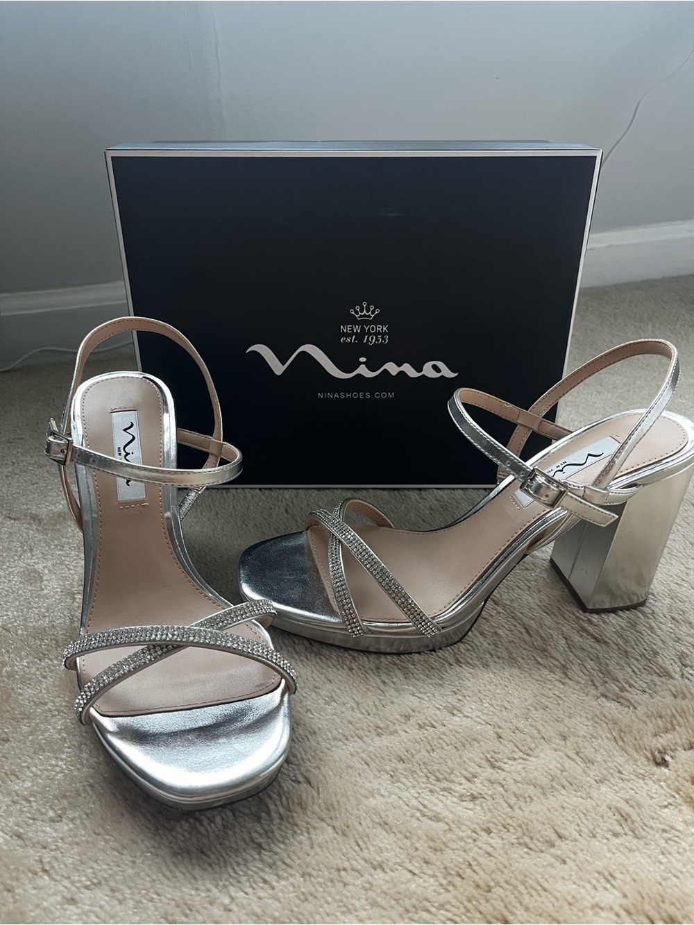 Nina Silver Metallic Crystal Strap Block Heel Sandals